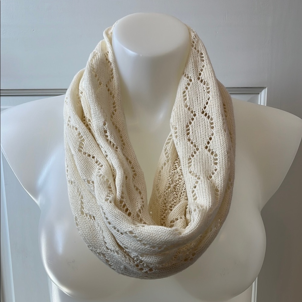 Maurices Cream Crochet Knit Infinity Scarf with Intricate Pattern